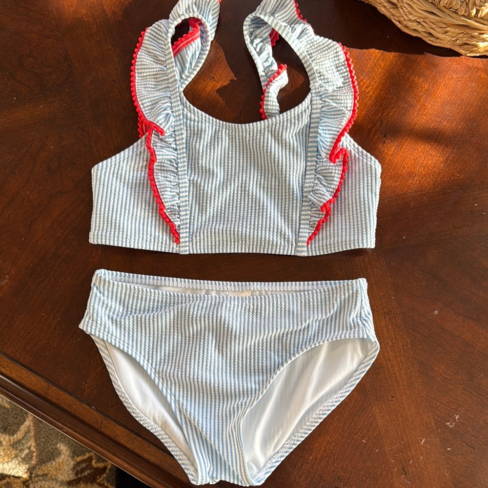 Cat & Jack Blue and White Striped Bikini with Red Ruffles